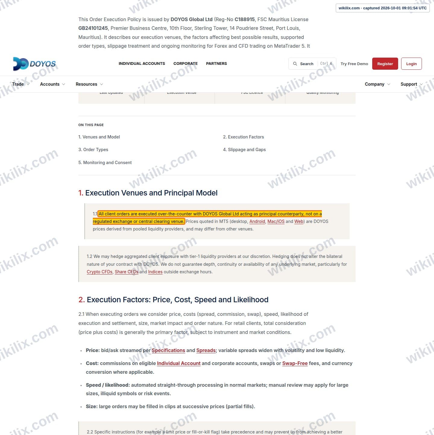 Our full page screenshot of the page this clause sits on, on DOYOS's site doyos.com, taken on Oct 1, 2026. The quoted words are marked in the image.