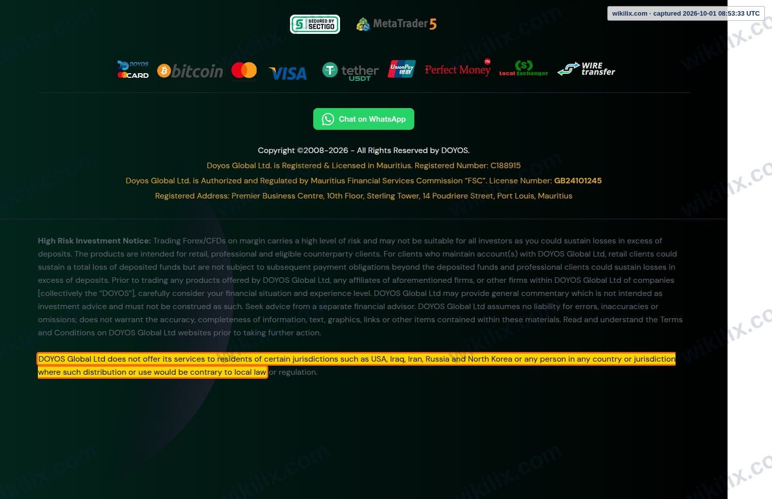 Our full page screenshot of the page that makes this promise, on DOYOS's site old.doyos.com, taken on Oct 1, 2026. The quoted words are marked in the image.