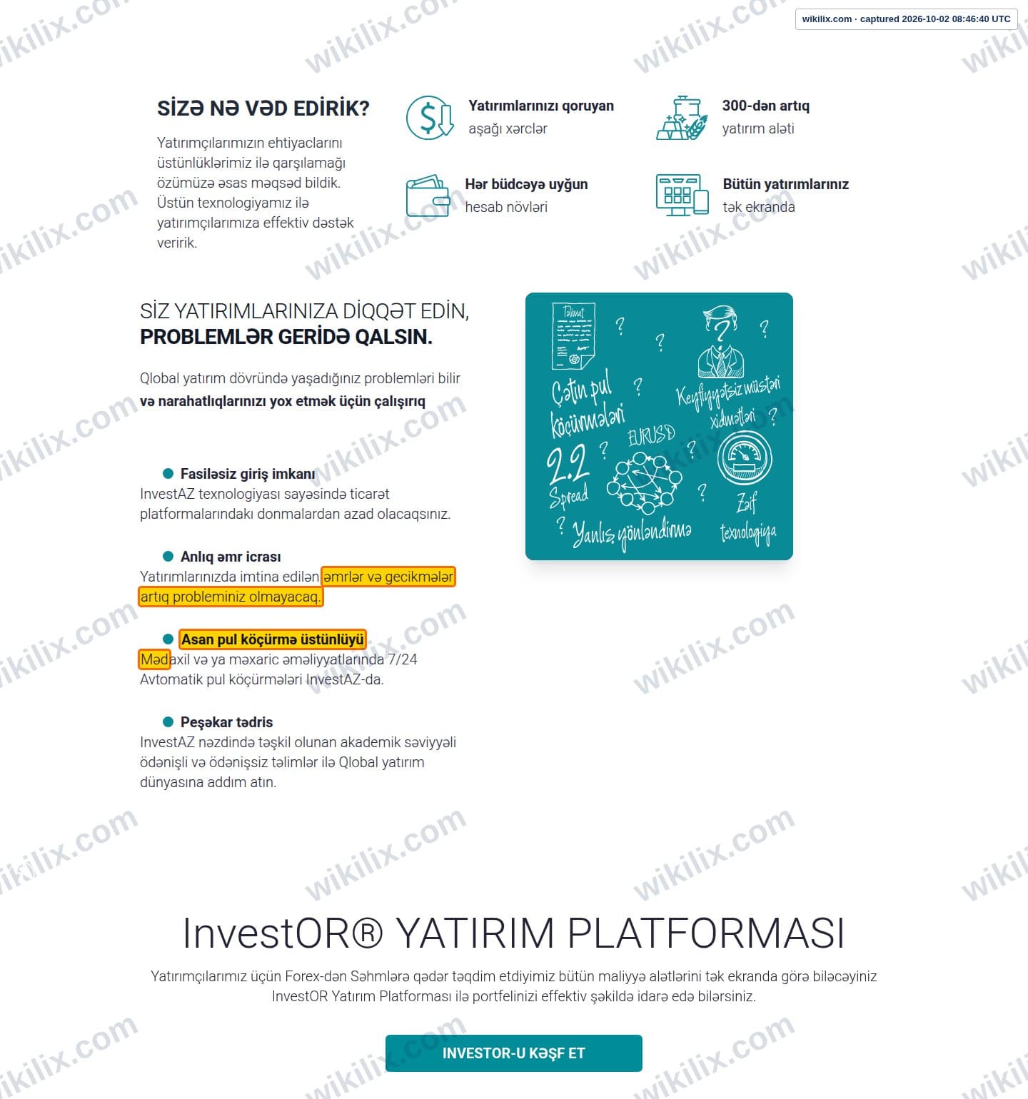Our full page screenshot of the page that makes this promise, on InvestAZ's site investaz.az, taken on Oct 2, 2026. The quoted words are marked in the image.