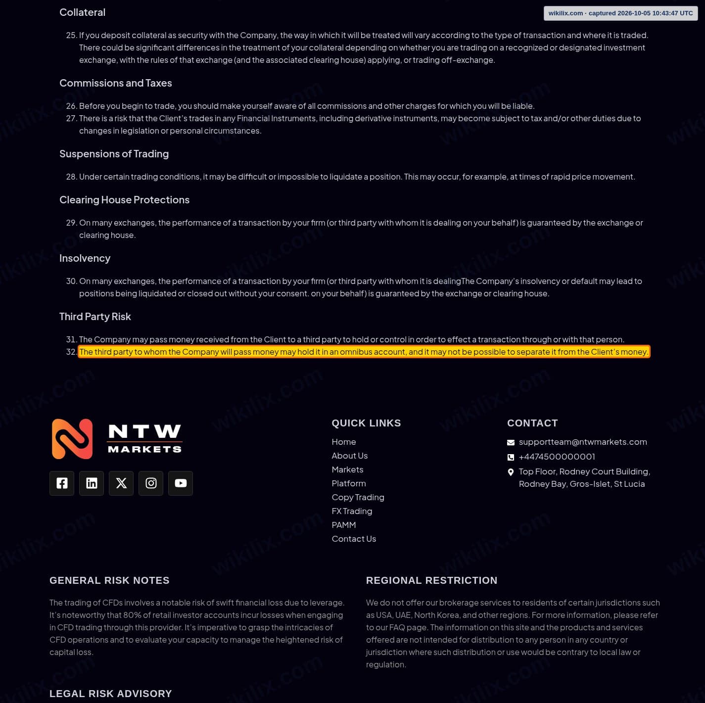 Our full page screenshot of the page this clause sits on, on NTW MARKETS's site ntwmarkets.com, taken on Oct 5, 2026. The quoted words are marked in the image.