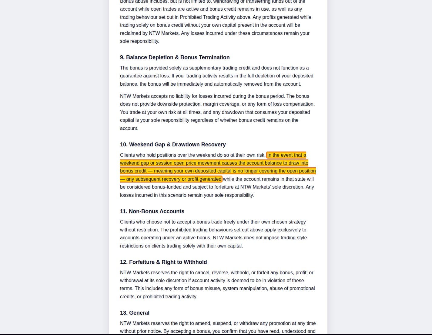 Our full page screenshot of the page this clause sits on, on NTW MARKETS's site ntwmarkets.com, taken on Oct 5, 2026. The quoted words are marked in the image.