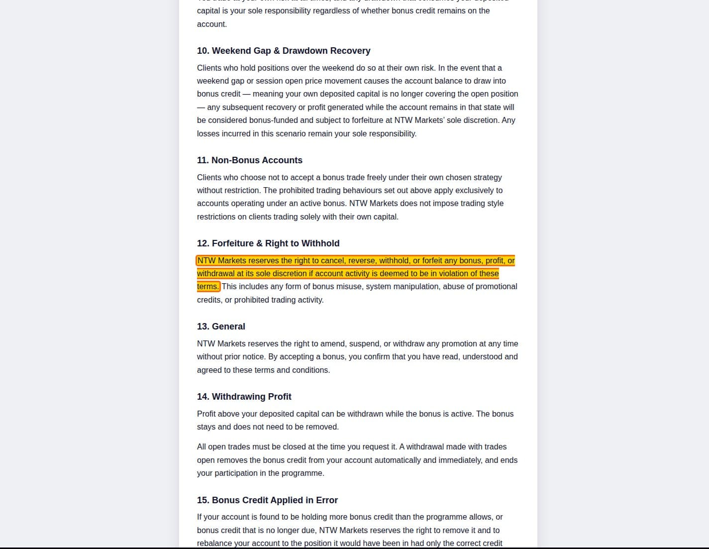 Our full page screenshot of the page this clause sits on, on NTW MARKETS's site ntwmarkets.com, taken on Oct 5, 2026. The quoted words are marked in the image.