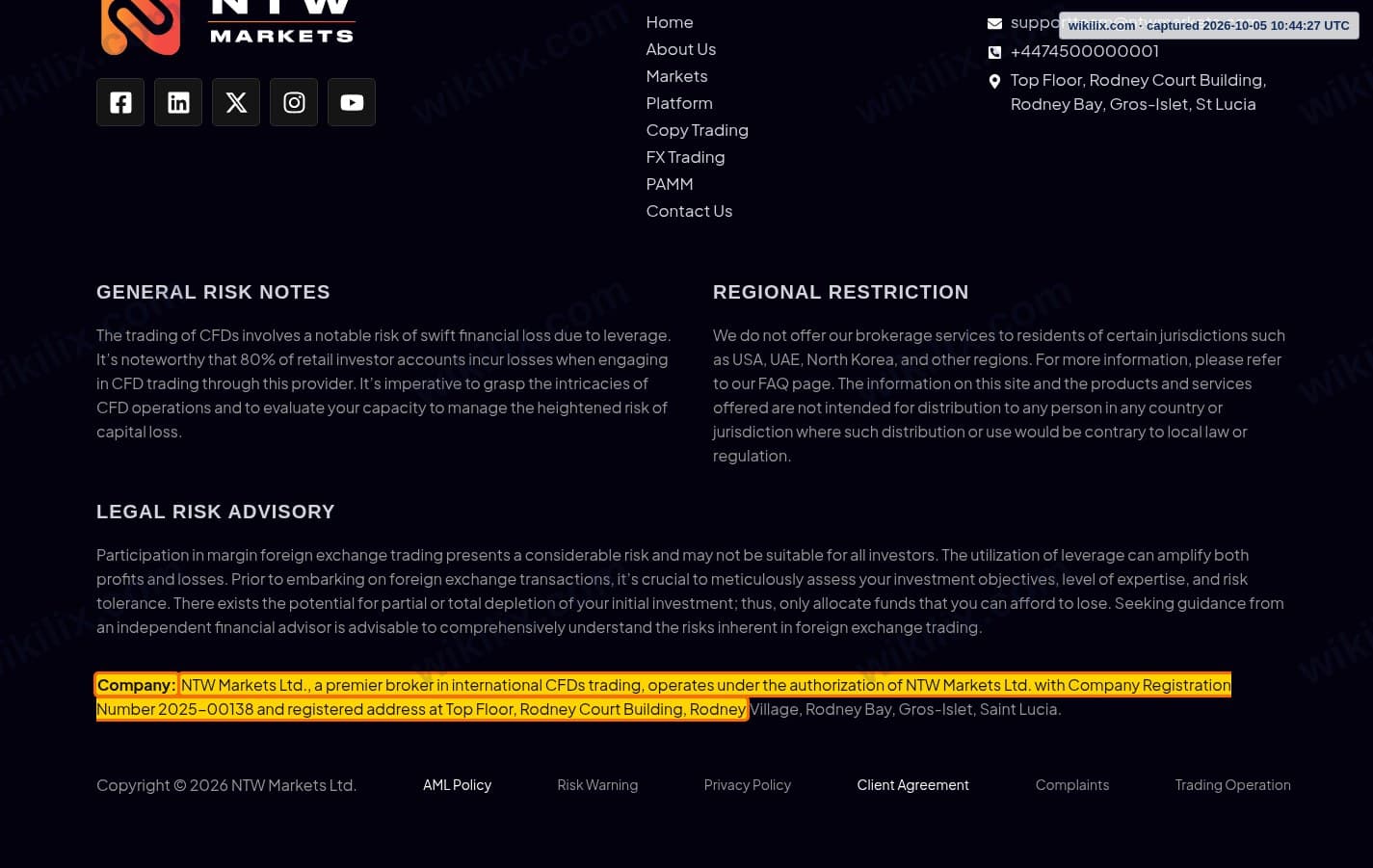 Our full page screenshot of the page this clause sits on, on NTW MARKETS's site ntwmarkets.com, taken on Oct 5, 2026. The quoted words are marked in the image.