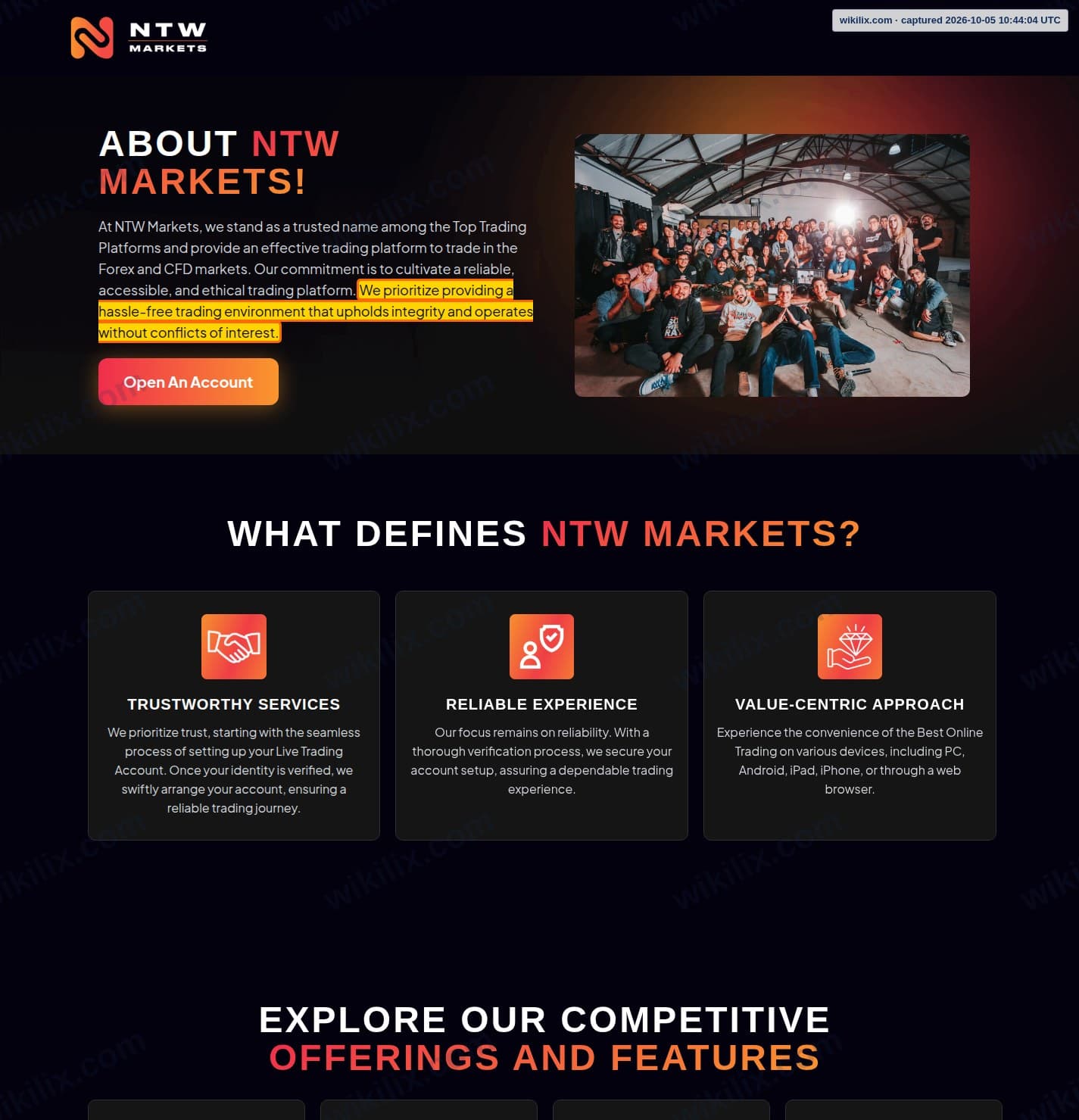Our full page screenshot of the page that makes this promise, on NTW MARKETS's site ntwmarkets.com, taken on Oct 5, 2026. The quoted words are marked in the image.