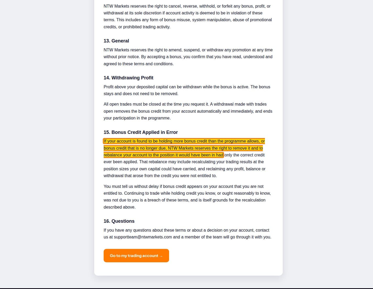 Our full page screenshot of the page this clause sits on, on NTW MARKETS's site ntwmarkets.com, taken on Oct 5, 2026. The quoted words are marked in the image.