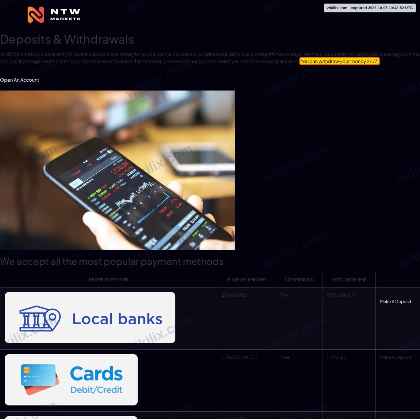 Our full page screenshot of the page that makes this promise, on NTW MARKETS's site ntwmarkets.com, taken on Oct 5, 2026. The quoted words are marked in the image.
