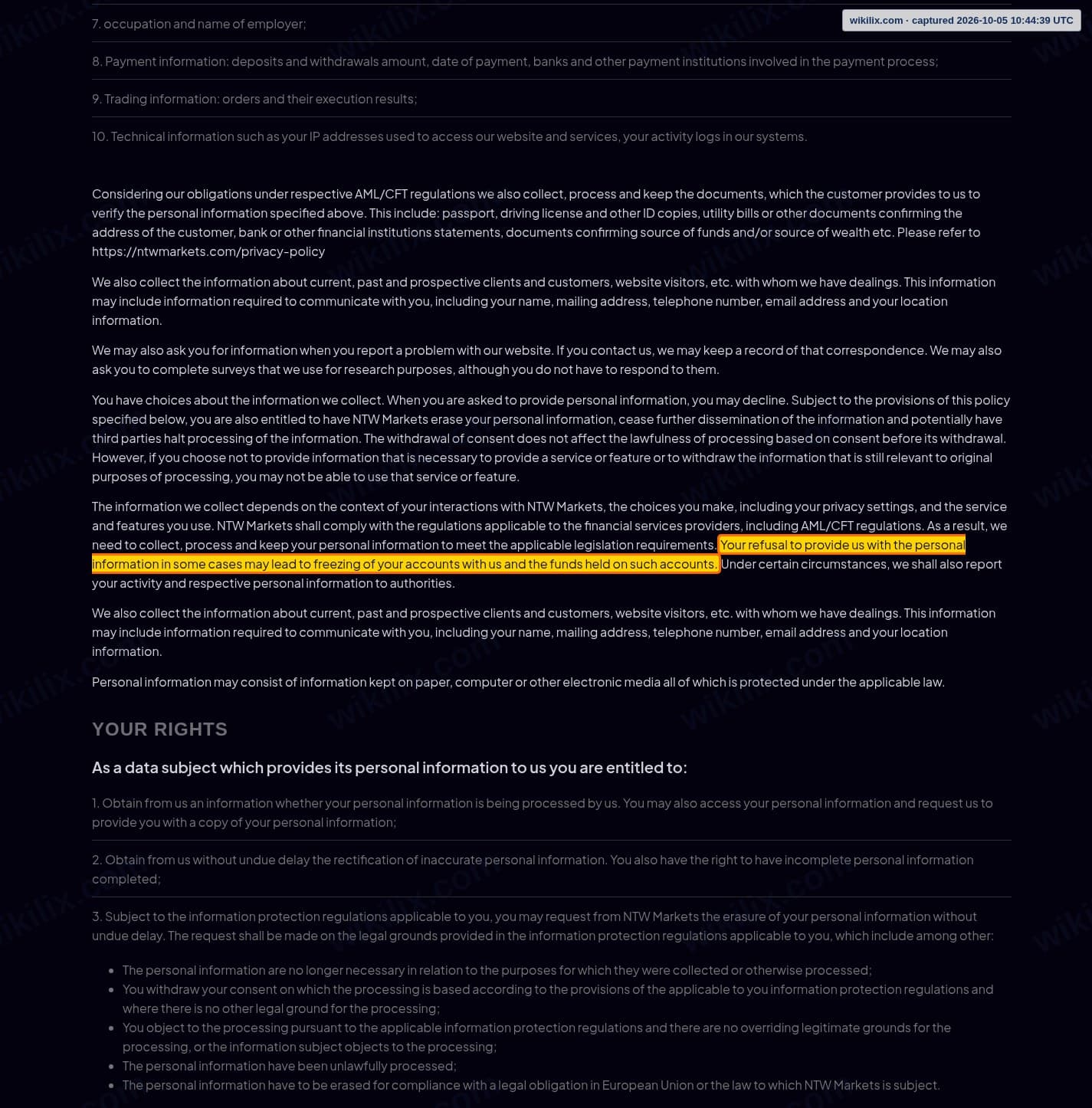 Our full page screenshot of the page this clause sits on, on NTW MARKETS's site ntwmarkets.com, taken on Oct 5, 2026. The quoted words are marked in the image.