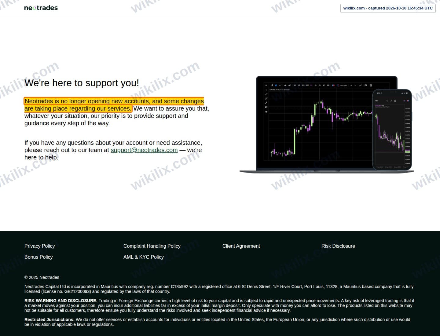 Our full page screenshot of the page that makes this promise, on neotrades's site neotrades.com, taken on Oct 10, 2026. The quoted words are marked in the image.