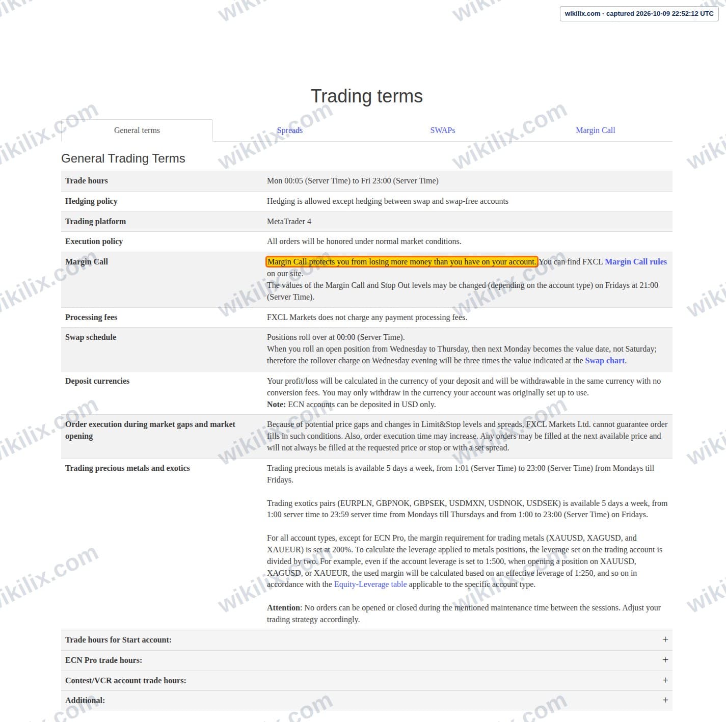 Our full page screenshot of the page that makes this promise, on FXCL's site fxclearing.com, taken on Oct 9, 2026. The quoted words are marked in the image.