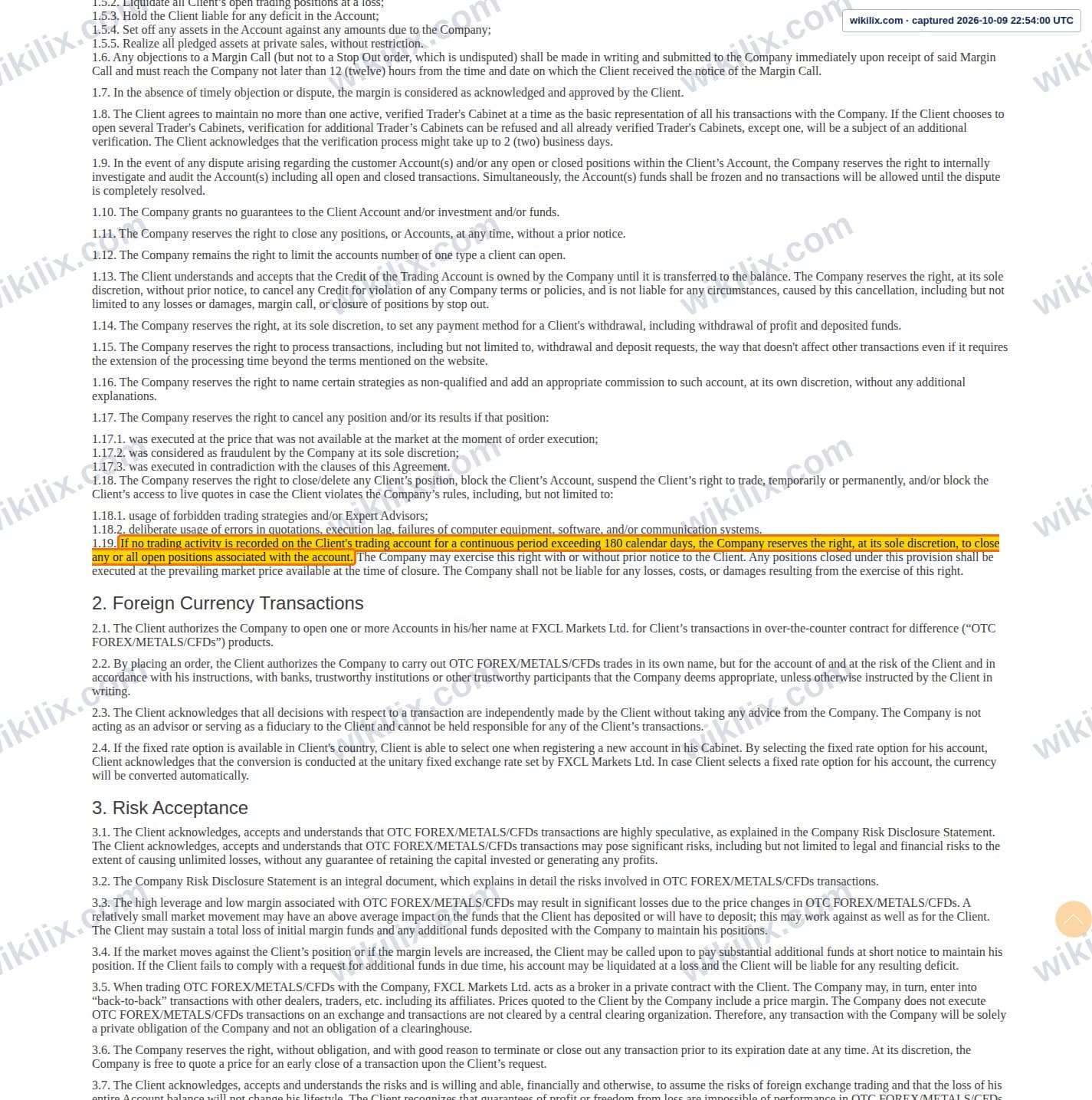 Our full page screenshot of the page this clause sits on, on FXCL's site fxclearing.com, taken on Oct 9, 2026. The quoted words are marked in the image.
