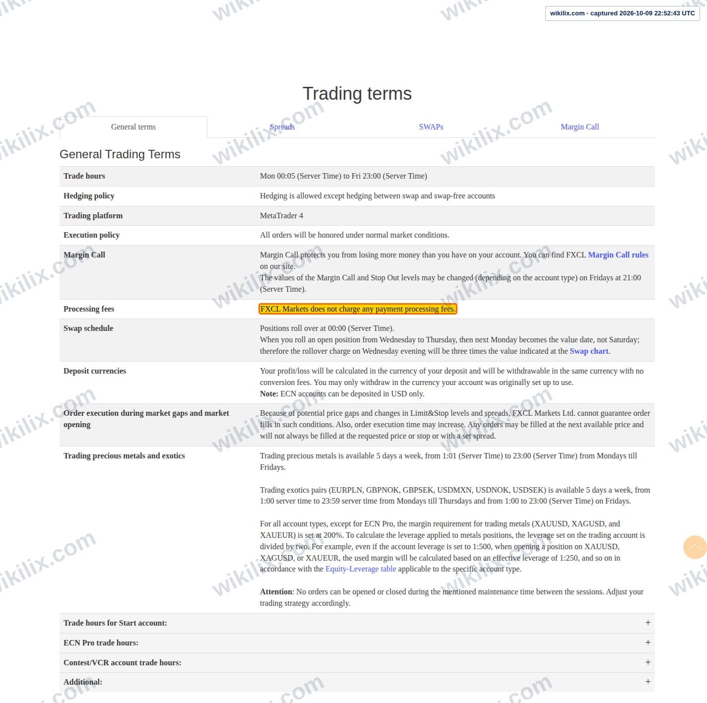 Our full page screenshot of the page that makes this promise, on FXCL's site fxclearing.com, taken on Oct 9, 2026. The quoted words are marked in the image.