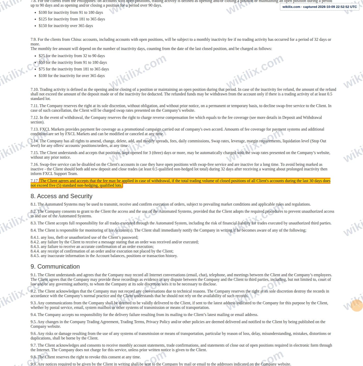 Our full page screenshot of the page this clause sits on, on FXCL's site fxclearing.com, taken on Oct 9, 2026. The quoted words are marked in the image.