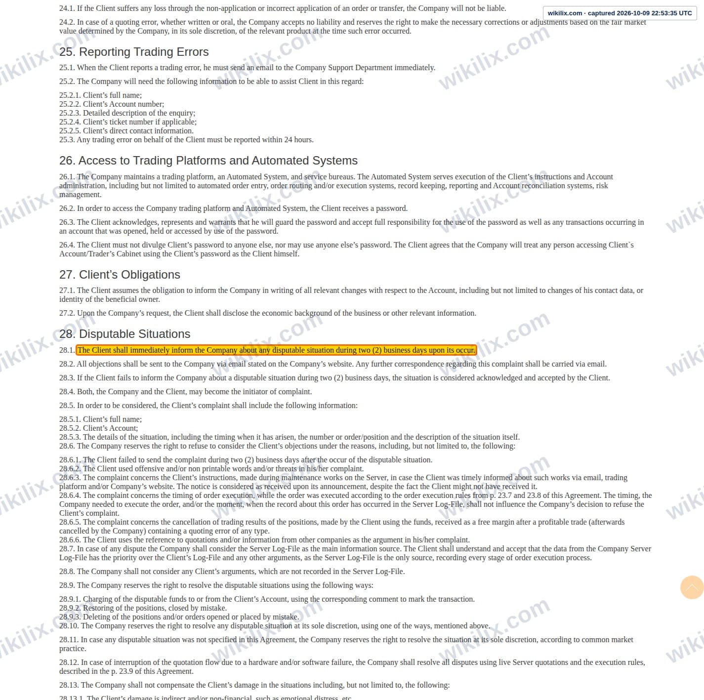 Our full page screenshot of the page this clause sits on, on FXCL's site fxclearing.com, taken on Oct 9, 2026. The quoted words are marked in the image.