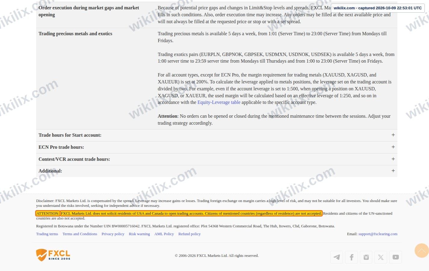 Our full page screenshot of the page that makes this promise, on FXCL's site fxclearing.com, taken on Oct 9, 2026. The quoted words are marked in the image.
