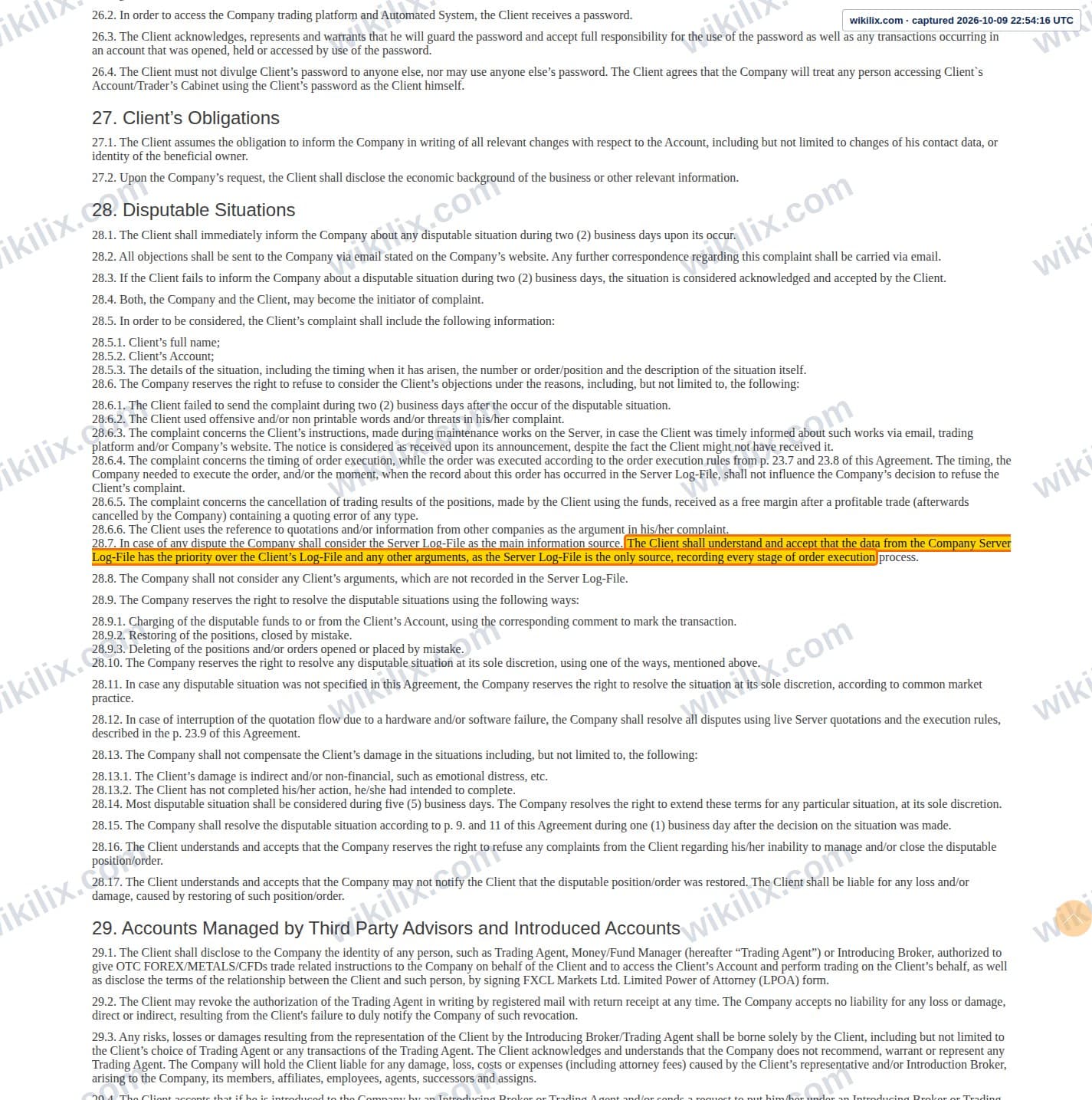 Our full page screenshot of the page this clause sits on, on FXCL's site fxclearing.com, taken on Oct 9, 2026. The quoted words are marked in the image.