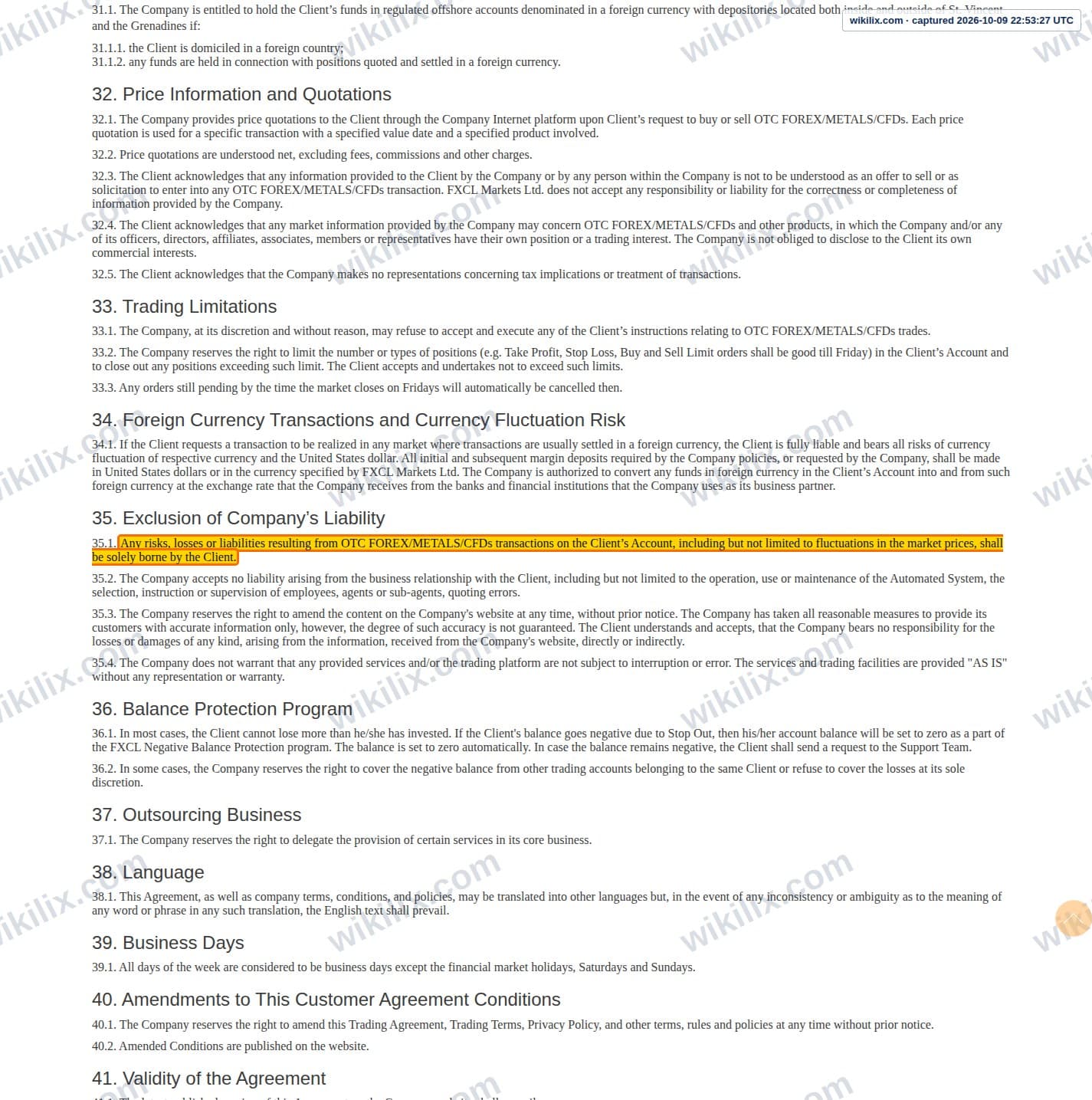 Our full page screenshot of the page this clause sits on, on FXCL's site fxclearing.com, taken on Oct 9, 2026. The quoted words are marked in the image.