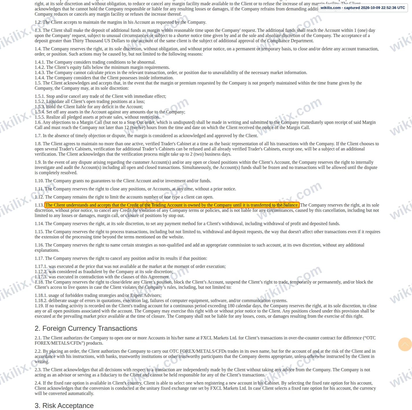 Our full page screenshot of the page this clause sits on, on FXCL's site fxclearing.com, taken on Oct 9, 2026. The quoted words are marked in the image.