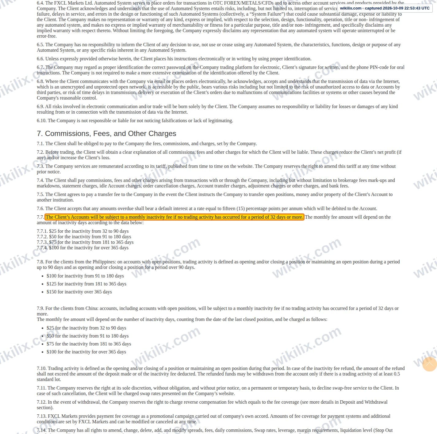 Our full page screenshot of the page this clause sits on, on FXCL's site fxclearing.com, taken on Oct 9, 2026. The quoted words are marked in the image.