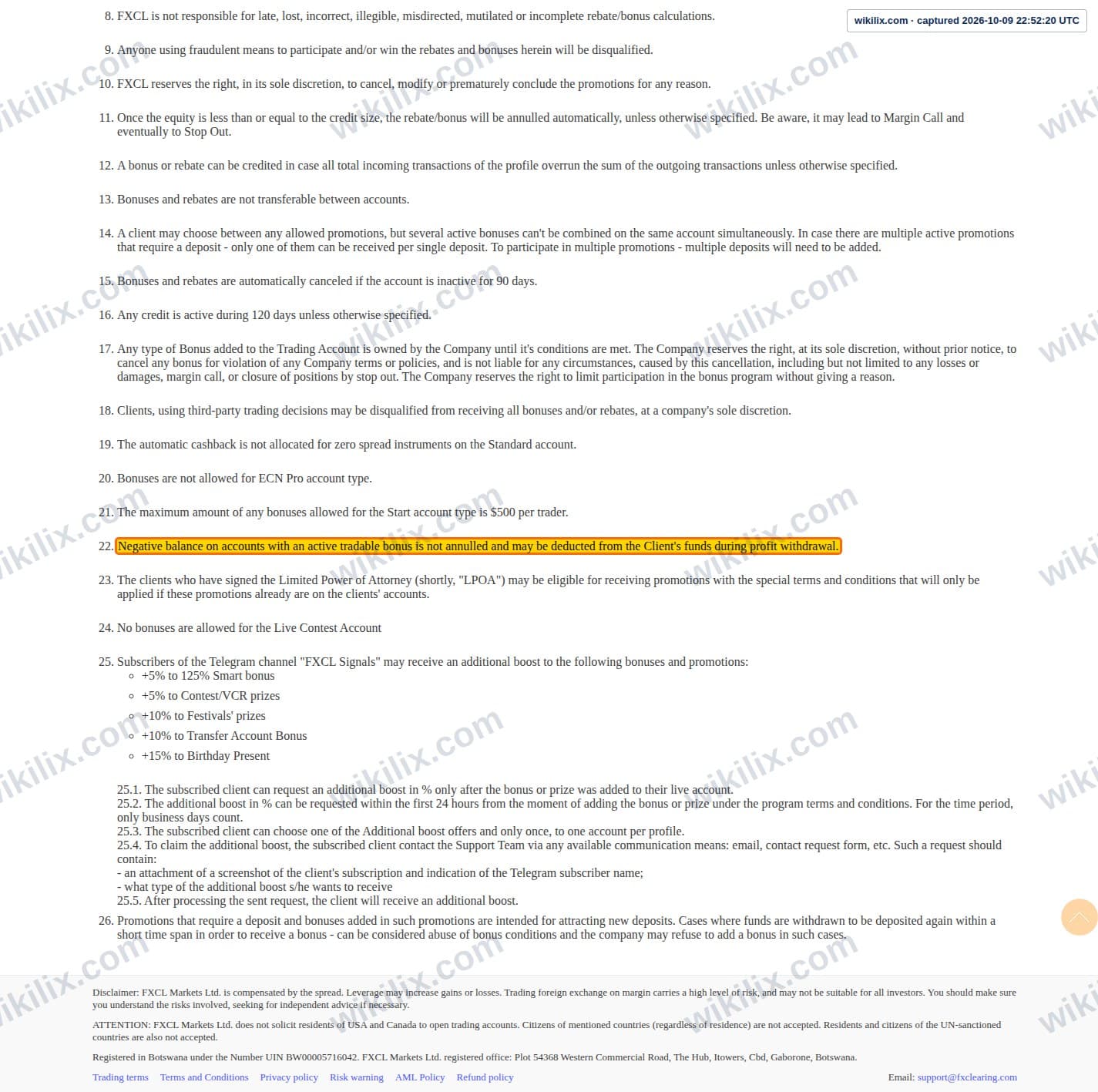 Our full page screenshot of the page this clause sits on, on FXCL's site fxclearing.com, taken on Oct 9, 2026. The quoted words are marked in the image.