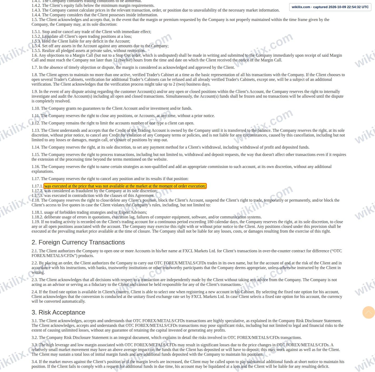 Our full page screenshot of the page this clause sits on, on FXCL's site fxclearing.com, taken on Oct 9, 2026. The quoted words are marked in the image.