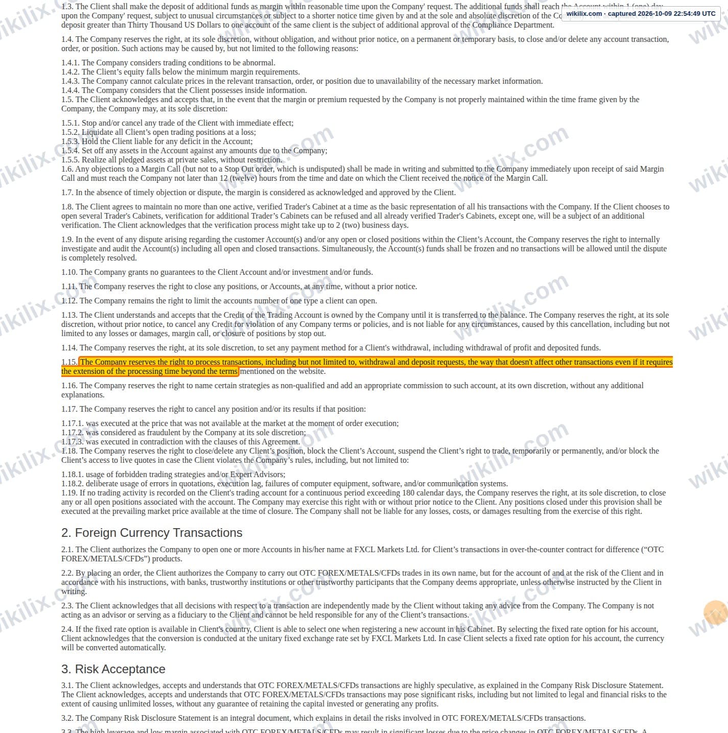 Our full page screenshot of the page this clause sits on, on FXCL's site fxclearing.com, taken on Oct 9, 2026. The quoted words are marked in the image.