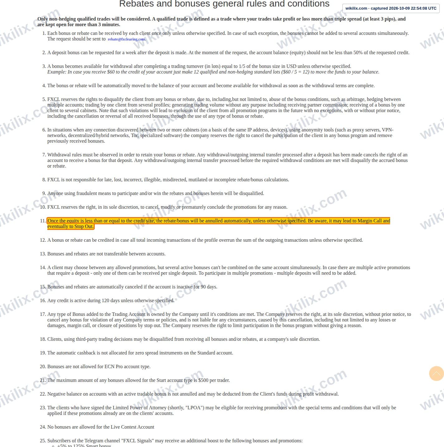 Our full page screenshot of the page this clause sits on, on FXCL's site fxclearing.com, taken on Oct 9, 2026. The quoted words are marked in the image.