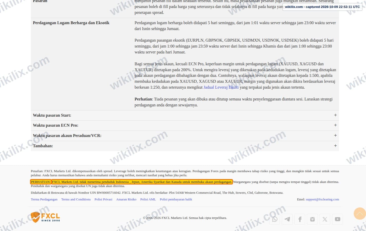 Our full page screenshot of the page this clause sits on, on FXCL's site ms.fxclearing.com, taken on Oct 9, 2026. The quoted words are marked in the image.
