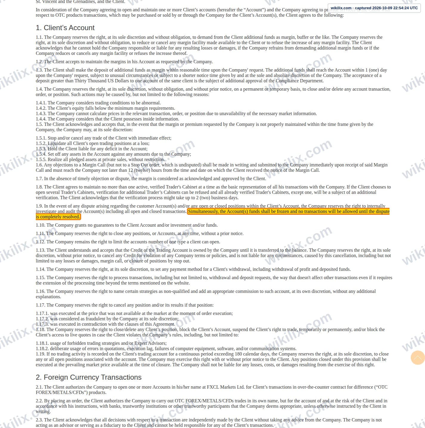 Our full page screenshot of the page this clause sits on, on FXCL's site fxclearing.com, taken on Oct 9, 2026. The quoted words are marked in the image.