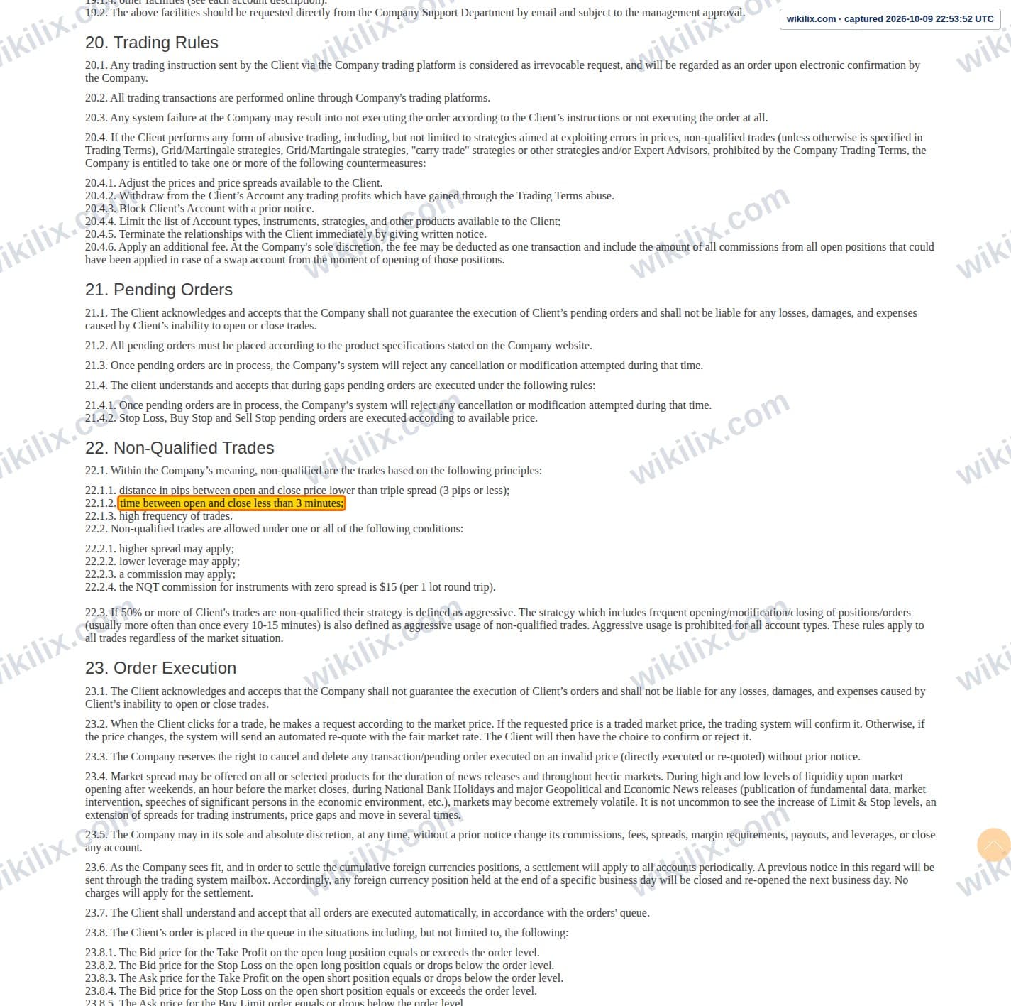 Our full page screenshot of the page this clause sits on, on FXCL's site fxclearing.com, taken on Oct 9, 2026. The quoted words are marked in the image.