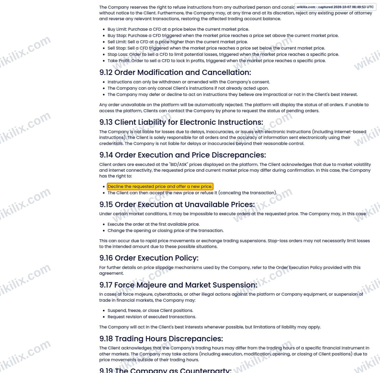Our full page screenshot of the page this clause sits on, on score Capital Markets's site scorecm.com, taken on Oct 7, 2026. The quoted words are marked in the image.