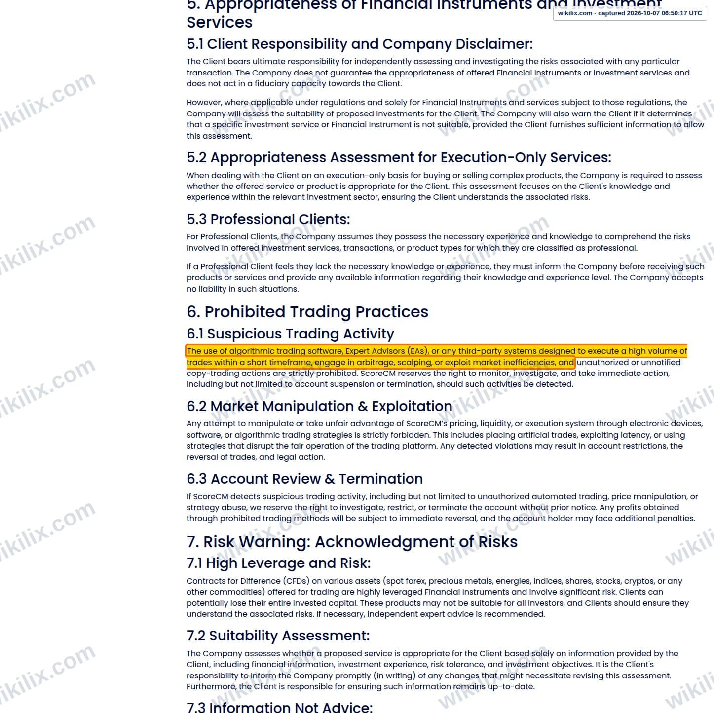Our full page screenshot of the page this clause sits on, on score Capital Markets's site scorecm.com, taken on Oct 7, 2026. The quoted words are marked in the image.