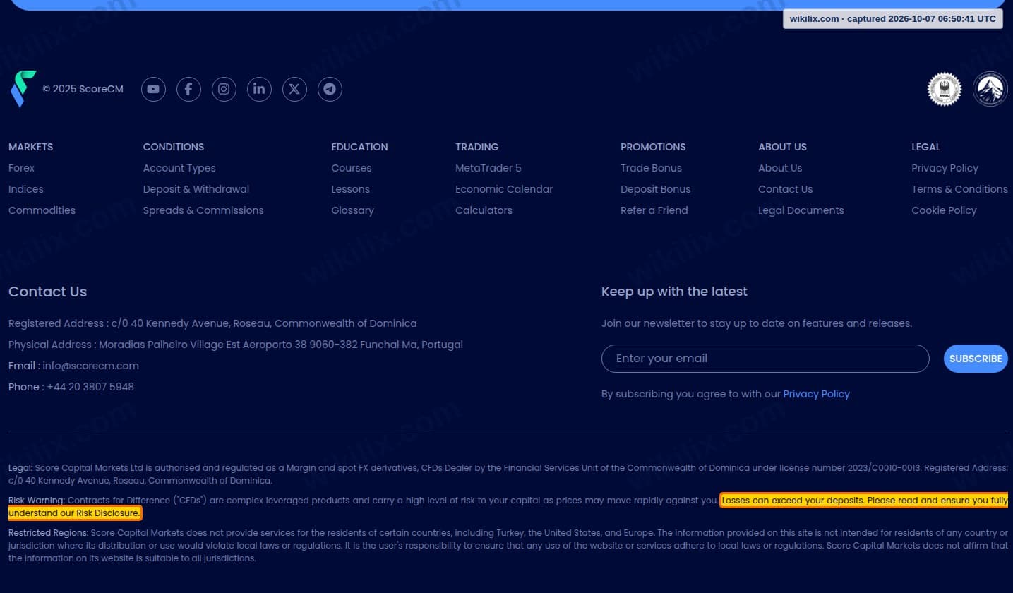 Our full page screenshot of the page this clause sits on, on score Capital Markets's site scorecm.com, taken on Oct 7, 2026. The quoted words are marked in the image.