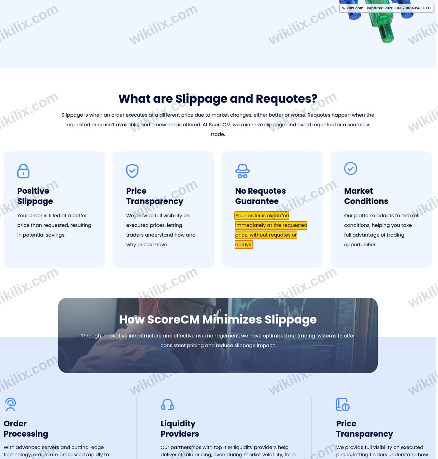Our full page screenshot of the page that makes this promise, on score Capital Markets's site scorecm.com, taken on Oct 7, 2026. The quoted words are marked in the image.