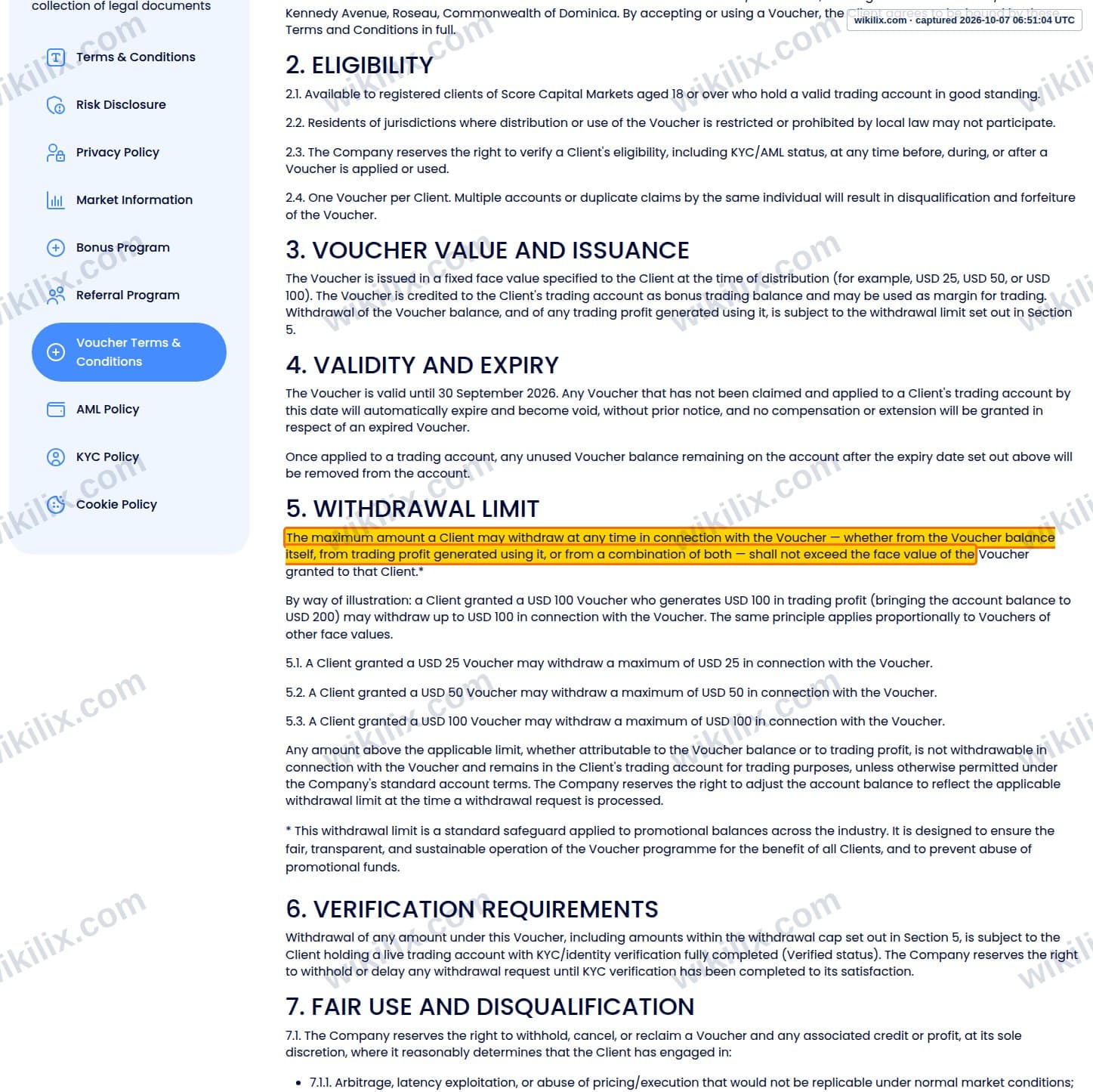 Our full page screenshot of the page this clause sits on, on score Capital Markets's site scorecm.com, taken on Oct 7, 2026. The quoted words are marked in the image.