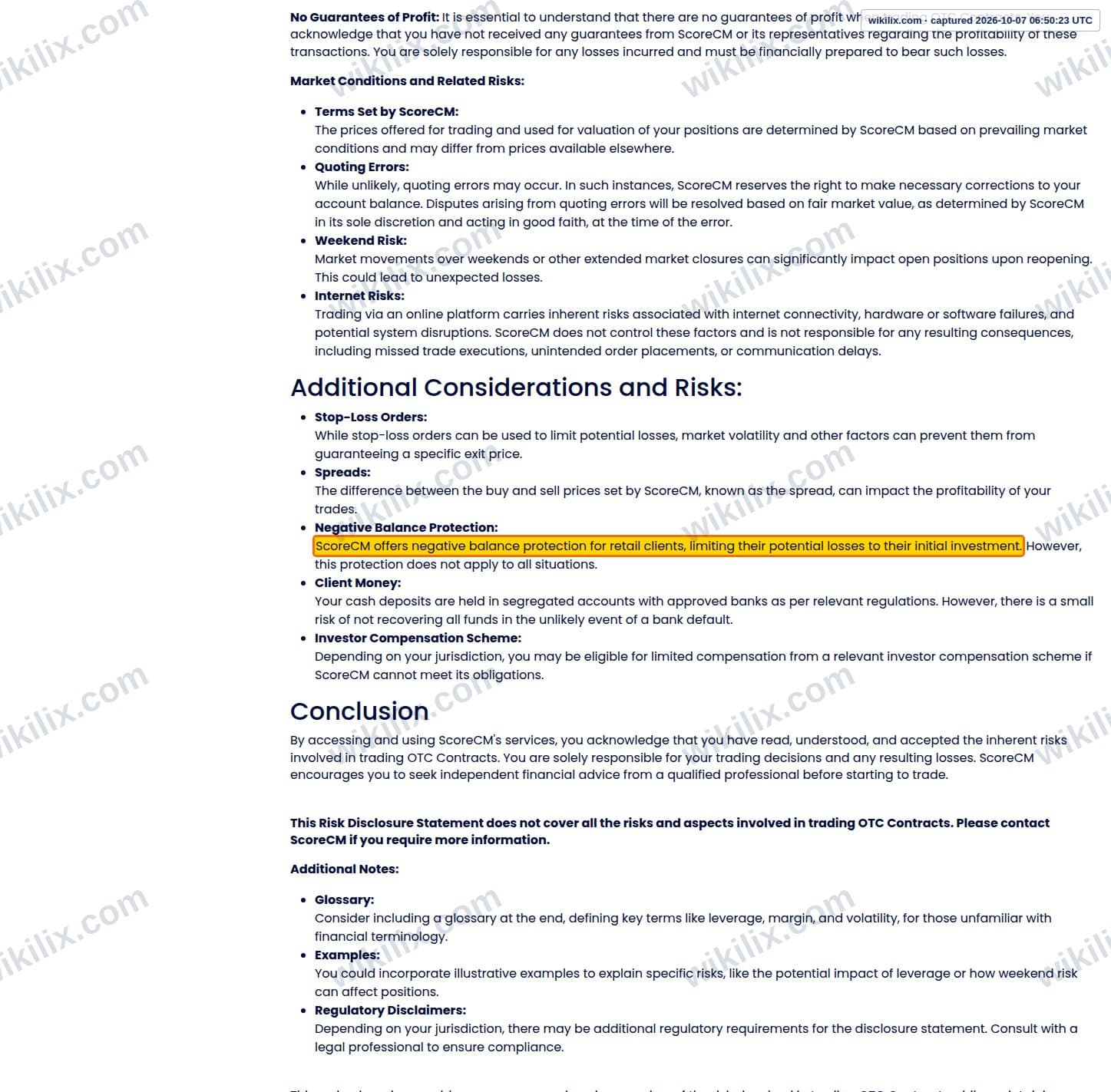 Our full page screenshot of the page that makes this promise, on score Capital Markets's site scorecm.com, taken on Oct 7, 2026. The quoted words are marked in the image.