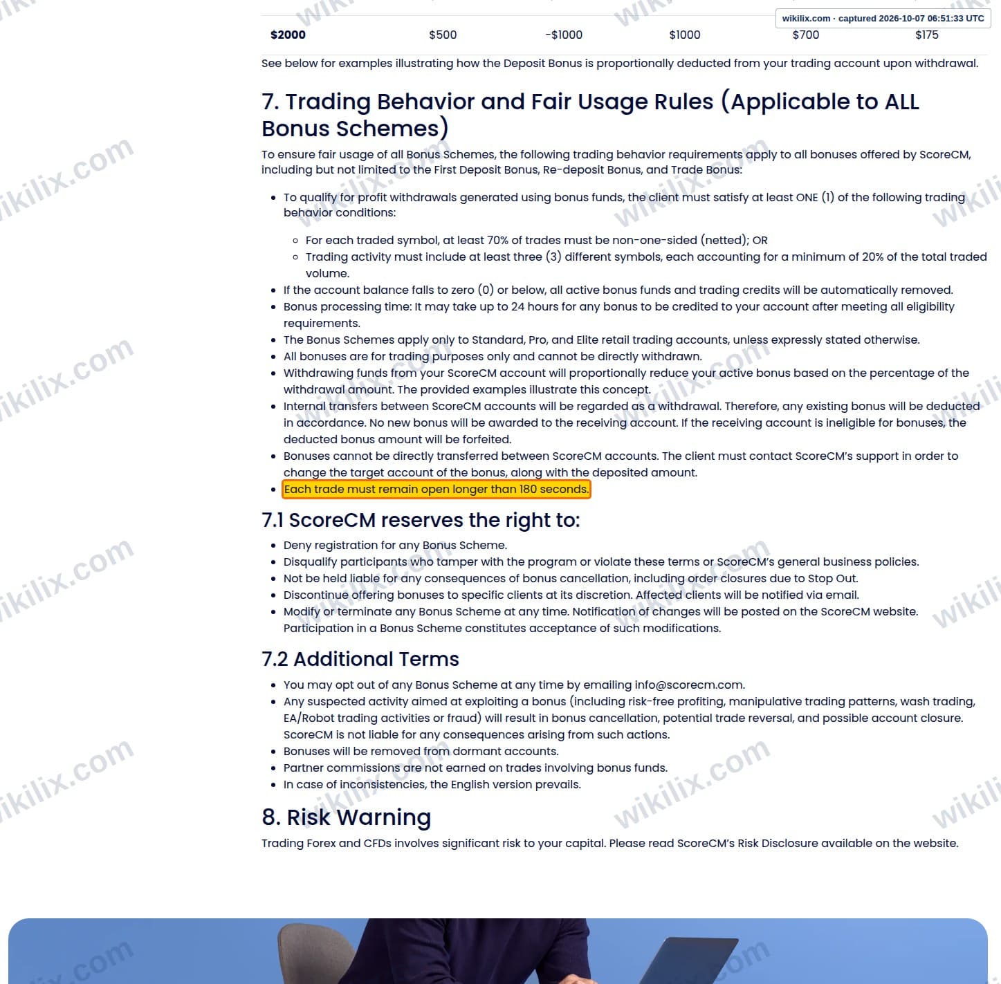 Our full page screenshot of the page this clause sits on, on score Capital Markets's site scorecm.com, taken on Oct 7, 2026. The quoted words are marked in the image.