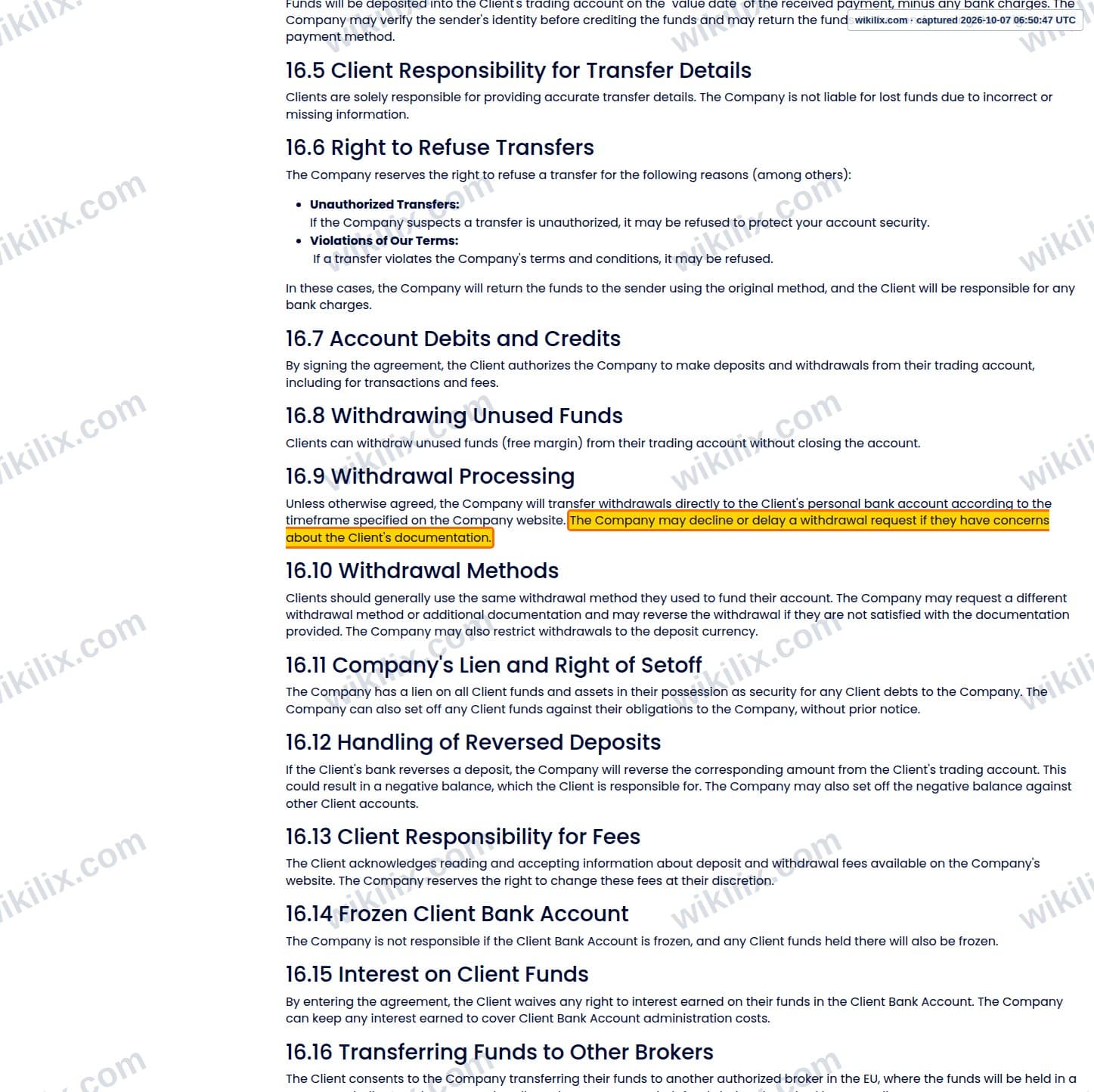 Our full page screenshot of the page this clause sits on, on score Capital Markets's site scorecm.com, taken on Oct 7, 2026. The quoted words are marked in the image.