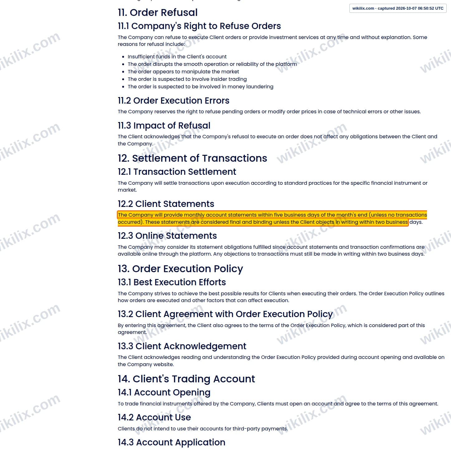 Our full page screenshot of the page this clause sits on, on score Capital Markets's site scorecm.com, taken on Oct 7, 2026. The quoted words are marked in the image.