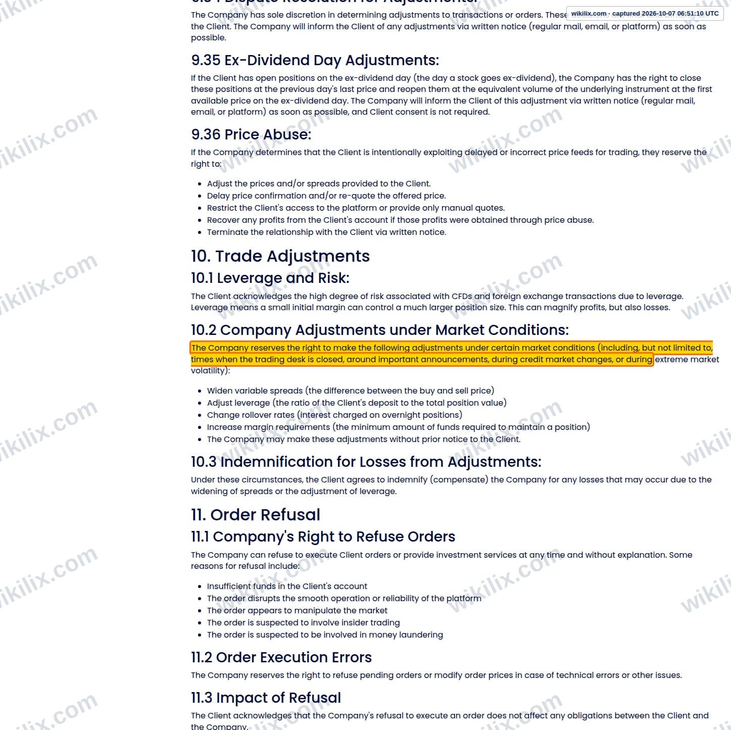 Our full page screenshot of the page this clause sits on, on score Capital Markets's site scorecm.com, taken on Oct 7, 2026. The quoted words are marked in the image.