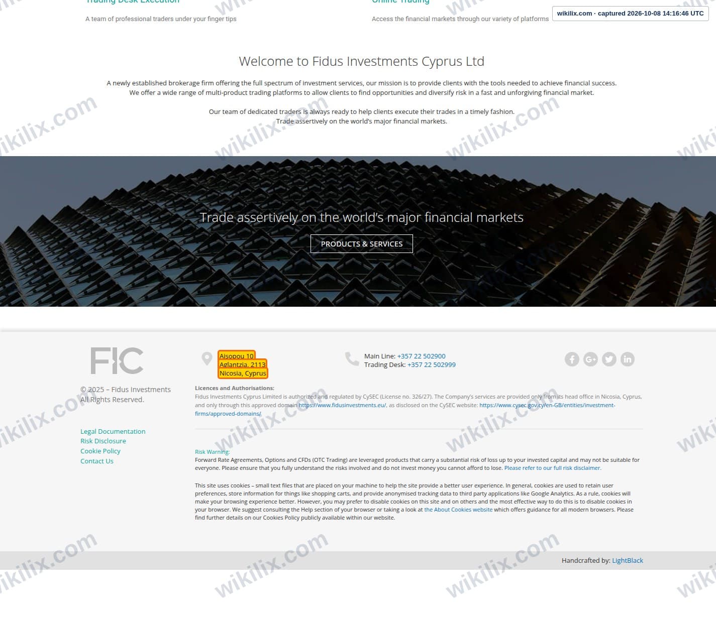 Our full page screenshot of the page that makes this promise, on FIDUS INVESTMENTS CYPRUS's site fidusinvestments.eu, taken on Oct 8, 2026. The quoted words are marked in the image.