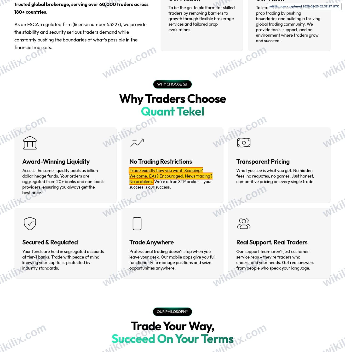 Our full page screenshot of the page that makes this promise, on QUANT TEKEL's site quanttekel.com, taken on Aug 25, 2026. The quoted words are marked in the image.