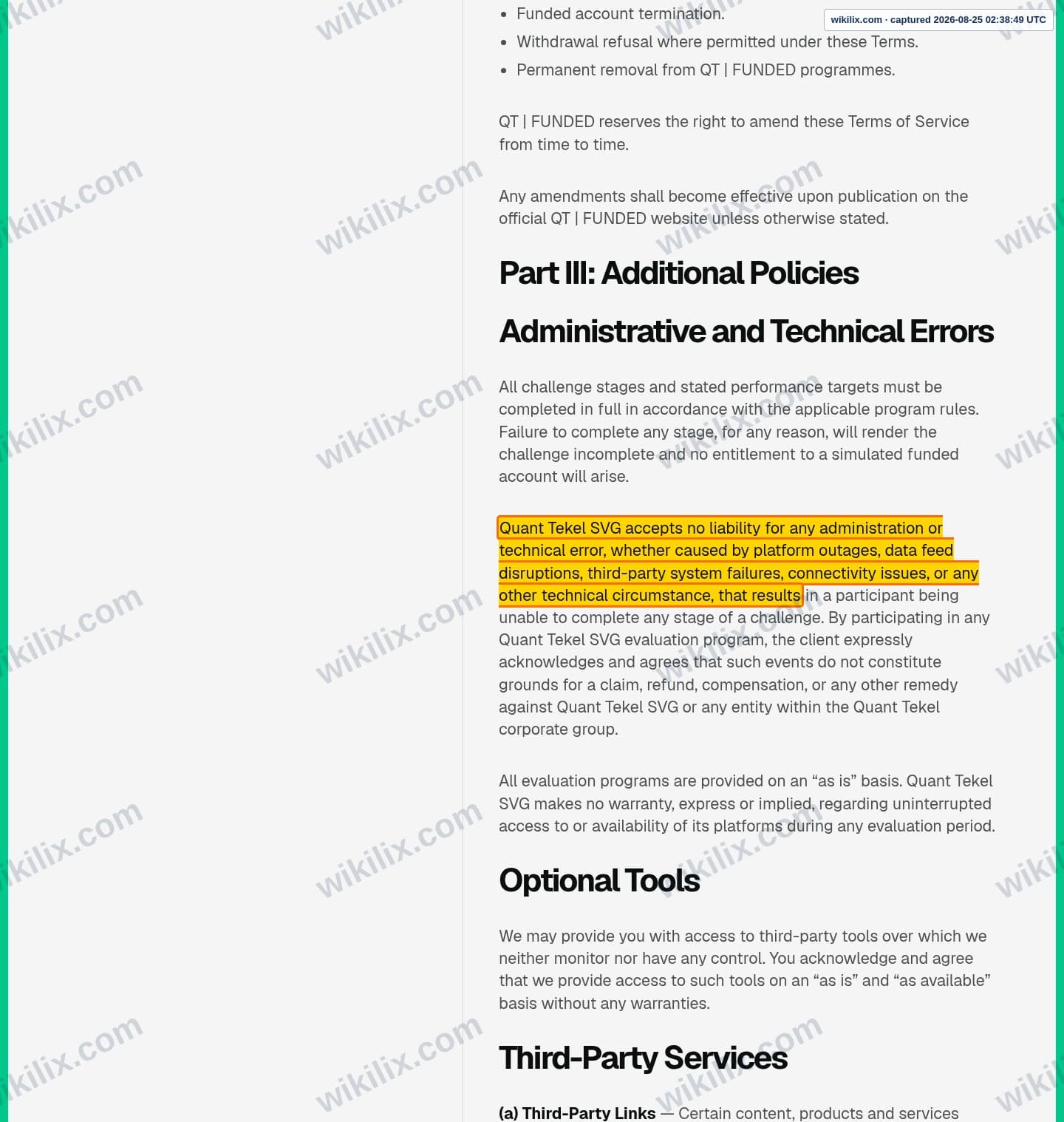 Our full page screenshot of the page this clause sits on, on QUANT TEKEL's site qtfunded.quanttekel.com, taken on Aug 25, 2026. The quoted words are marked in the image.