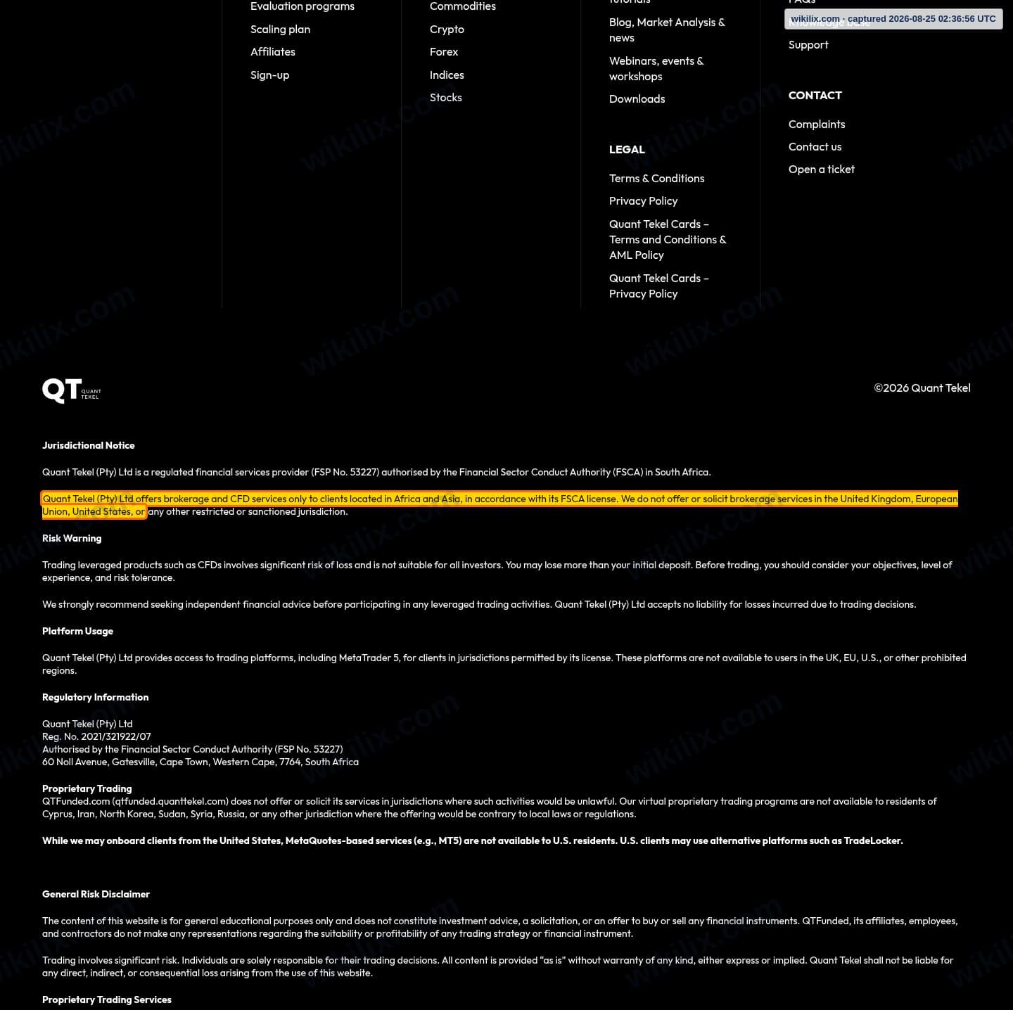 Our full page screenshot of the page this clause sits on, on QUANT TEKEL's site quanttekel.com, taken on Aug 25, 2026. The quoted words are marked in the image.