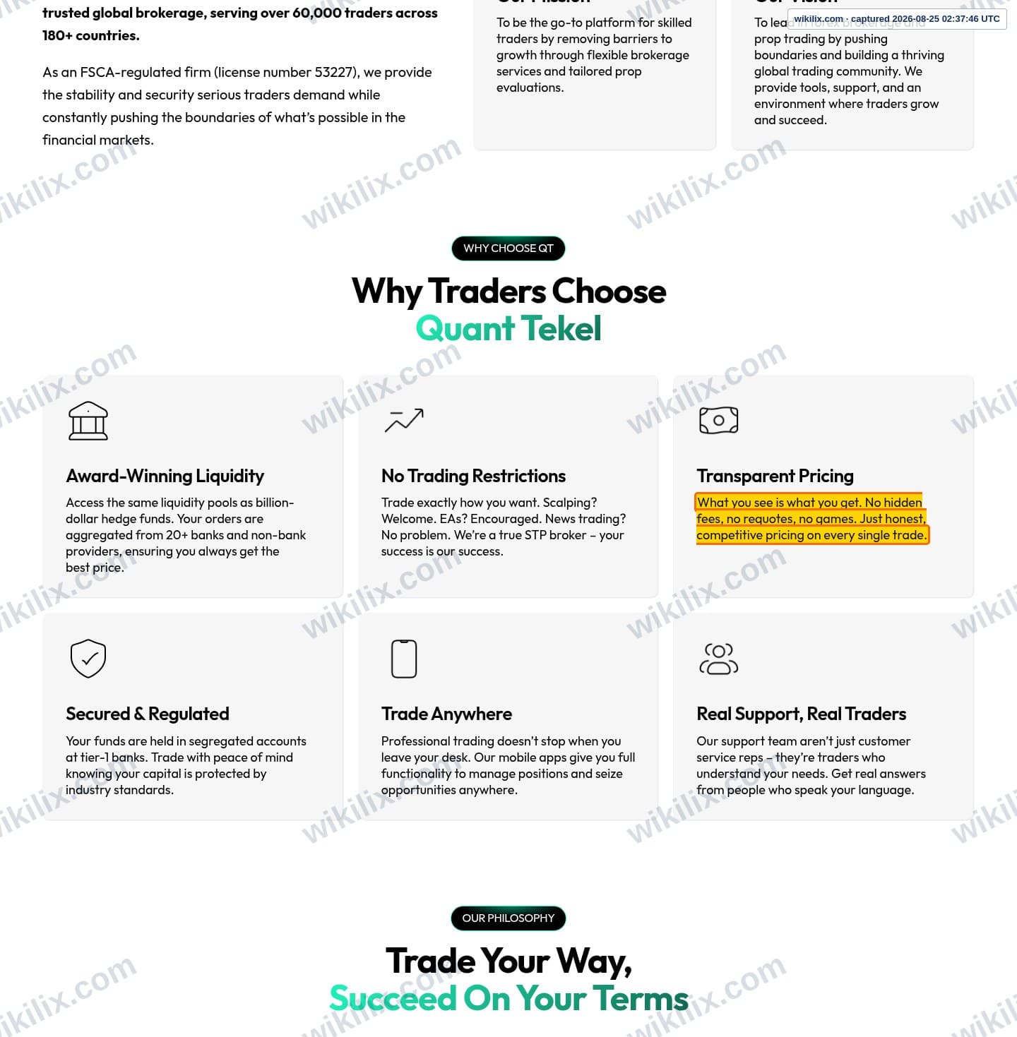 Our full page screenshot of the page that makes this promise, on QUANT TEKEL's site quanttekel.com, taken on Aug 25, 2026. The quoted words are marked in the image.
