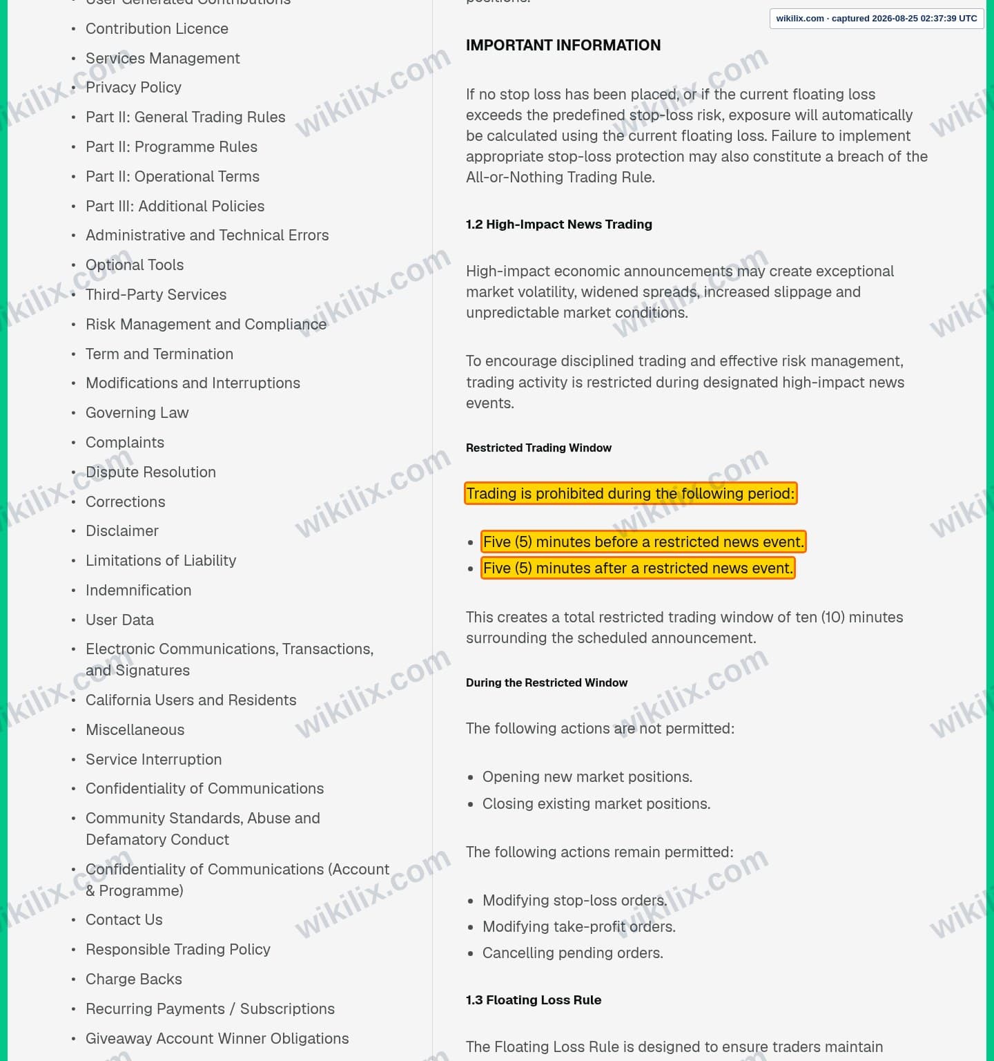 Our full page screenshot of the page this clause sits on, on QUANT TEKEL's site qtfunded.quanttekel.com, taken on Aug 25, 2026. The quoted words are marked in the image.