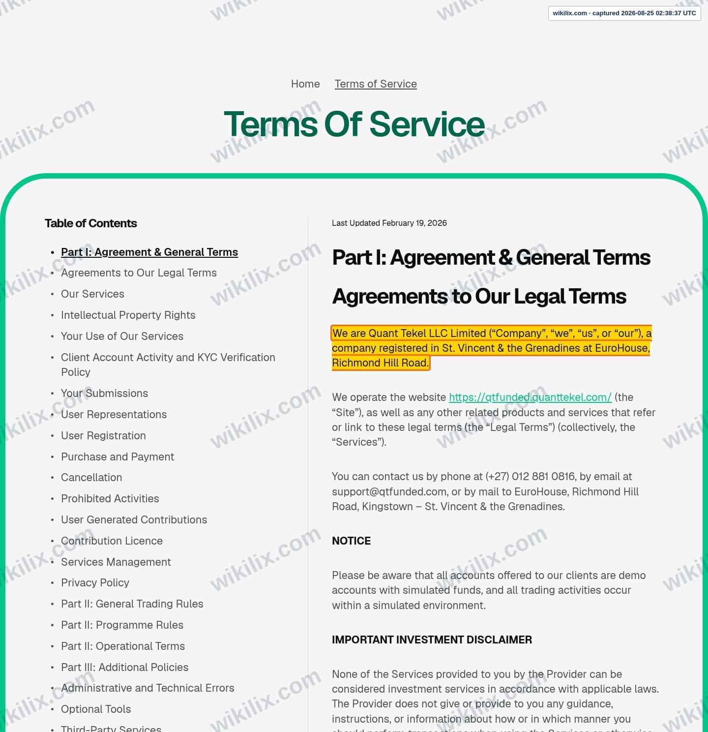 Our full page screenshot of the page this clause sits on, on QUANT TEKEL's site qtfunded.quanttekel.com, taken on Aug 25, 2026. The quoted words are marked in the image.