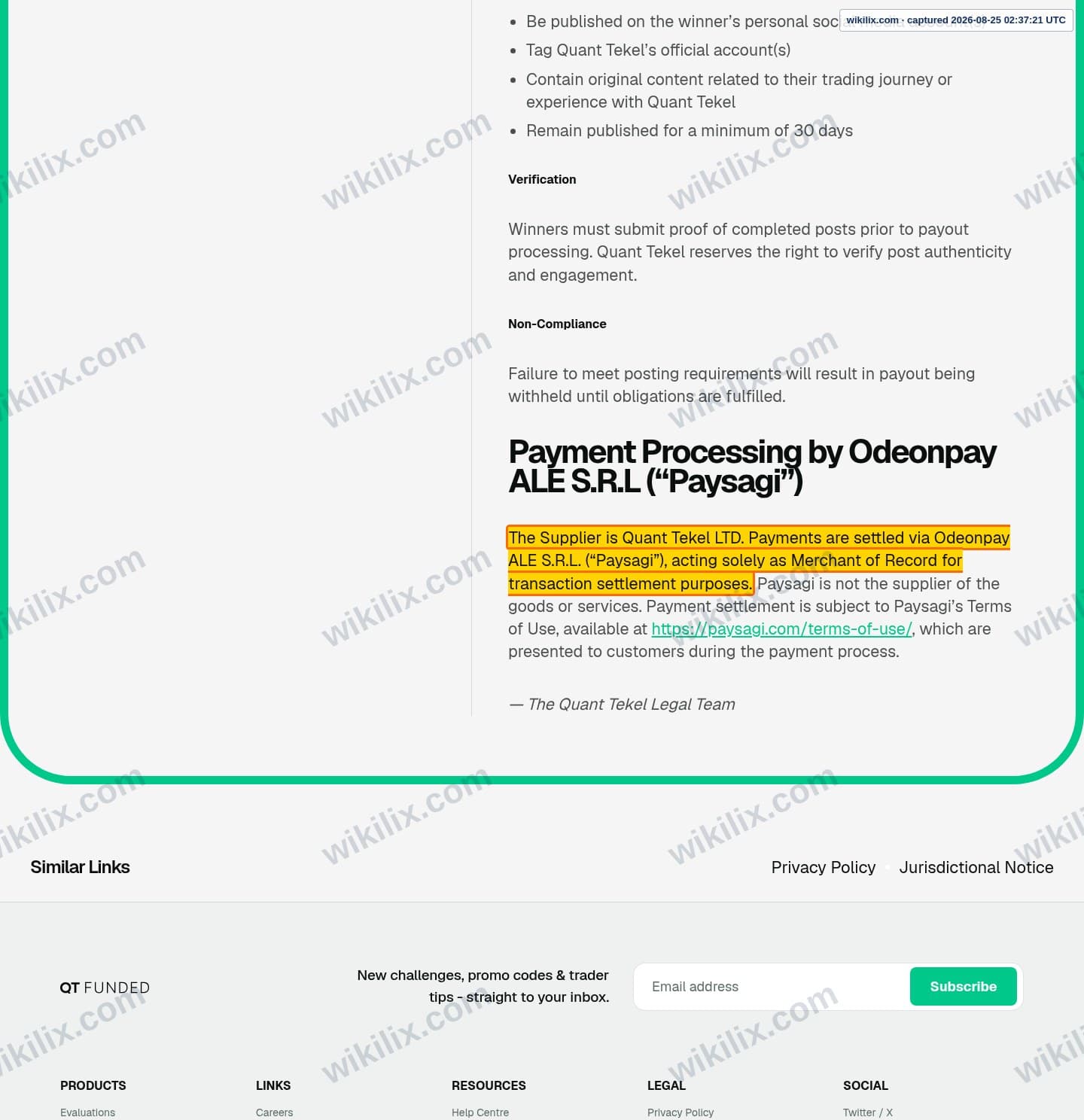Our full page screenshot of the page this clause sits on, on QUANT TEKEL's site qtfunded.quanttekel.com, taken on Aug 25, 2026. The quoted words are marked in the image.