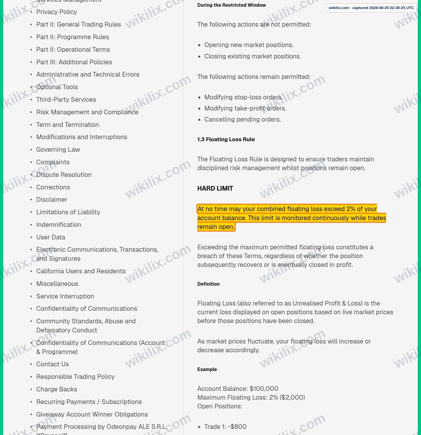 Our full page screenshot of the page this clause sits on, on QUANT TEKEL's site qtfunded.quanttekel.com, taken on Aug 25, 2026. The quoted words are marked in the image.