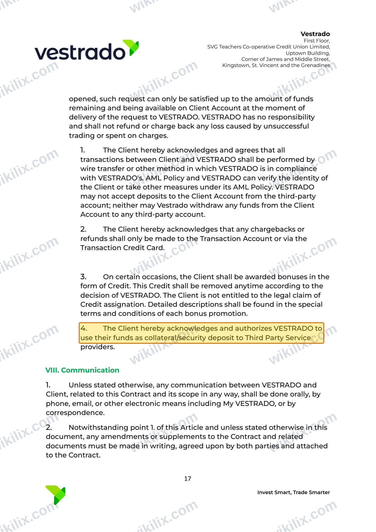 Our full page screenshot of the page this clause sits on, on vestrado's site vestrado.com, taken on Aug 27, 2026. The quoted words are marked in the image.