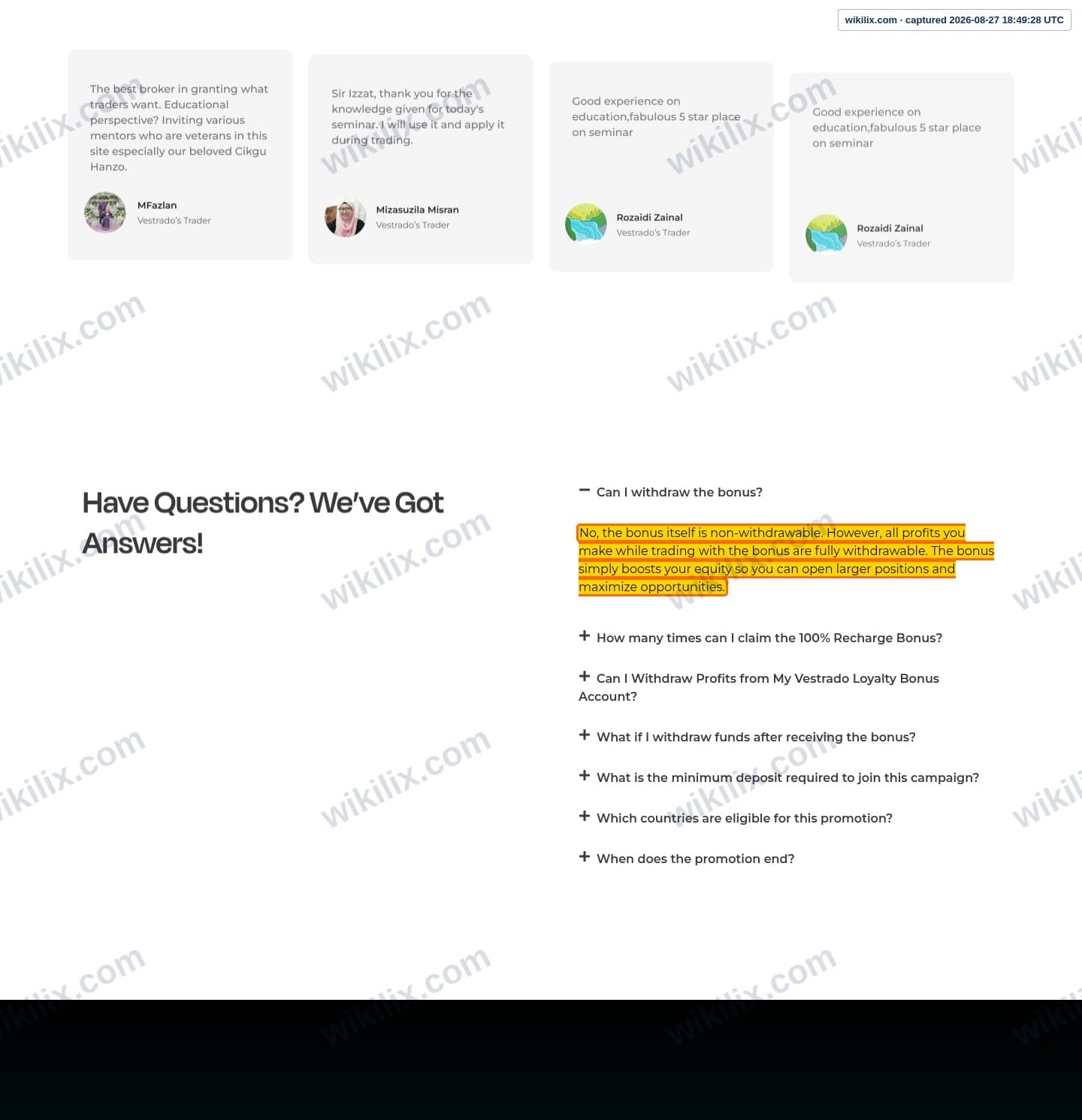 Our full page screenshot of the page that makes this promise, on vestrado's site vestrado.com, taken on Aug 27, 2026. The quoted words are marked in the image.